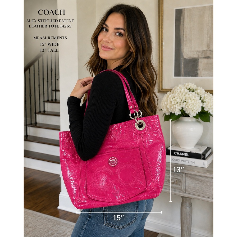 Coach Signature Purse Tote Hot Pink Patent Leather Shoulder Large Hobo Bag